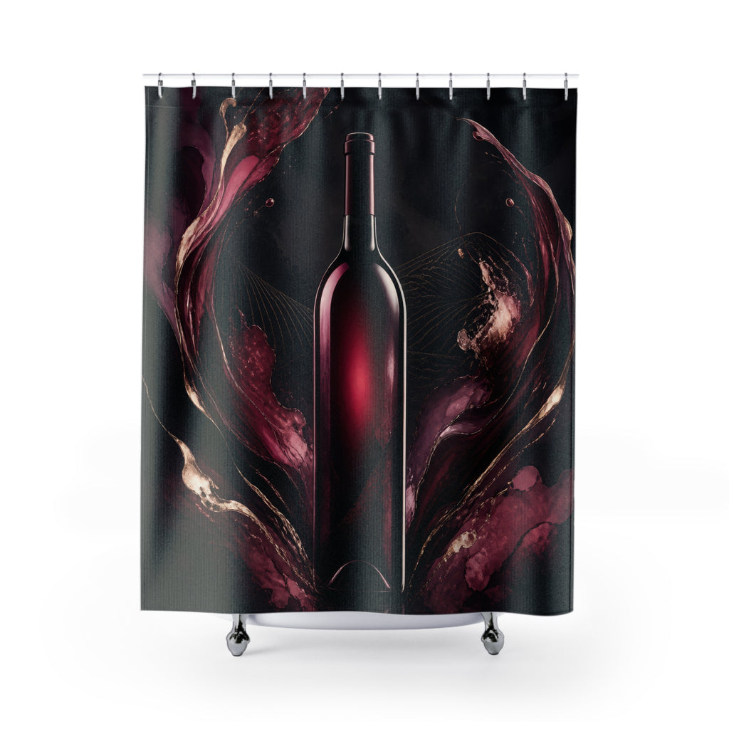 Burgundy wine bottle framed by sweeping plum ribbons shower curtain with full front view