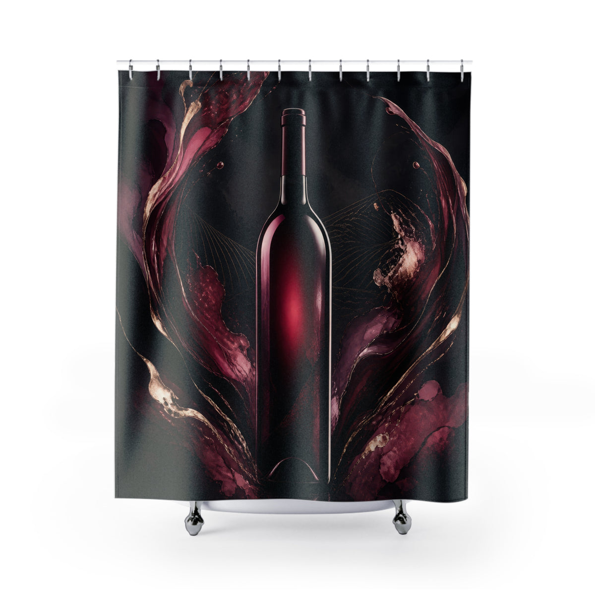 Burgundy wine bottle framed by sweeping plum ribbons shower curtain with full front view