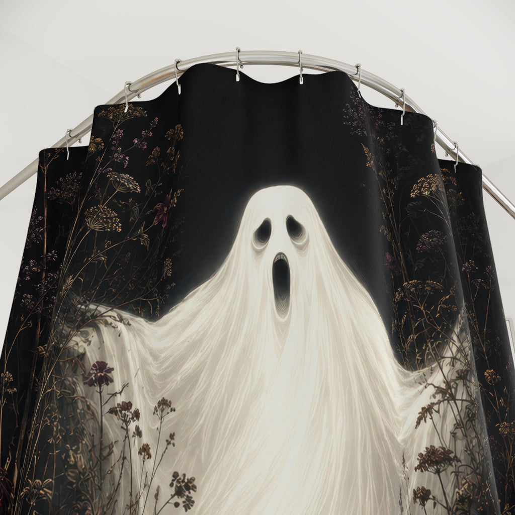 White ghost framed by plum and oxblood wildflowers shower curtain with close-up print, hooks, and folds
