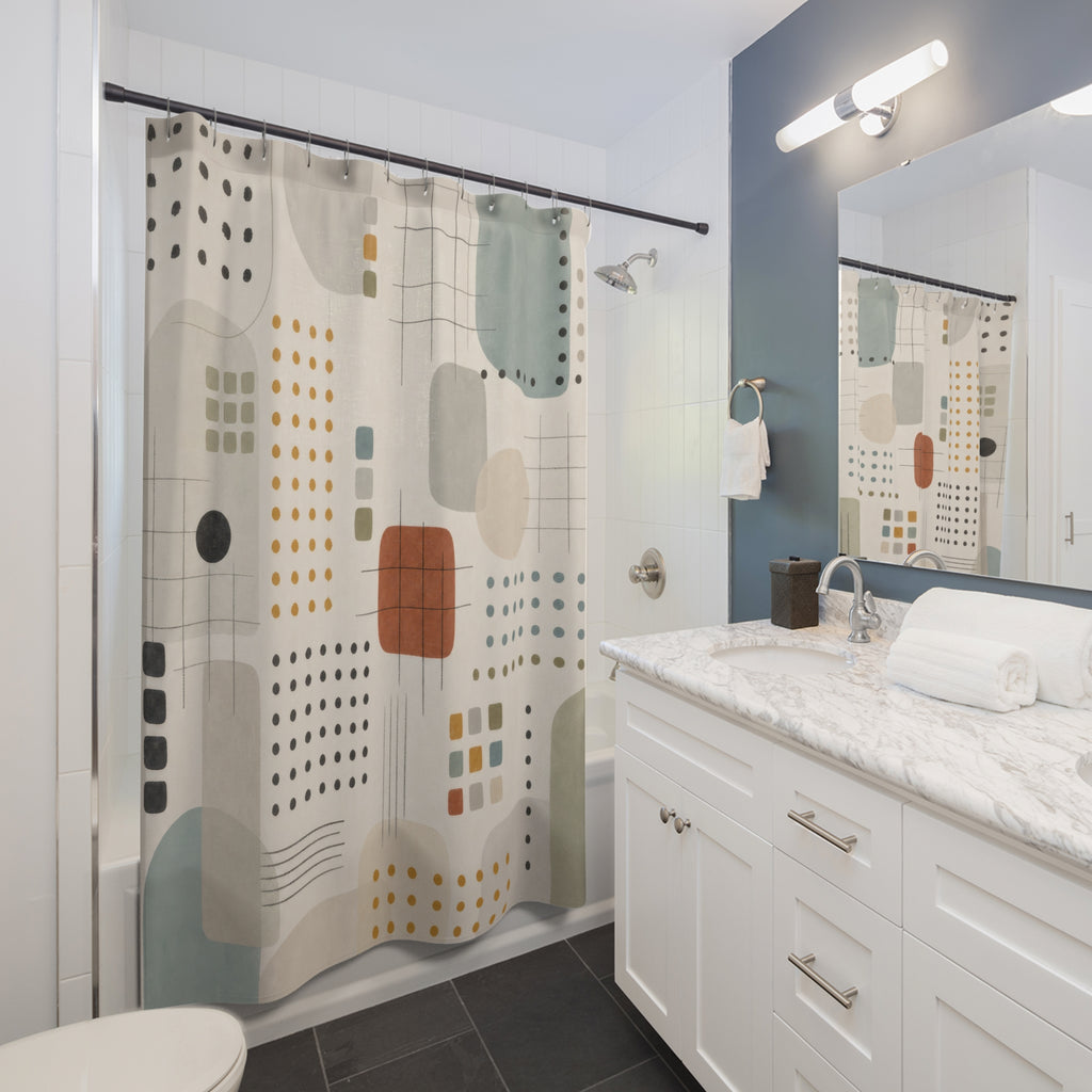 Abstract Geometric Shower Curtain, Dotted Grid Pattern, Soft Blue Sage Orange Modern Bathroom Decor, Minimal Bauhaus Bath Style, Light