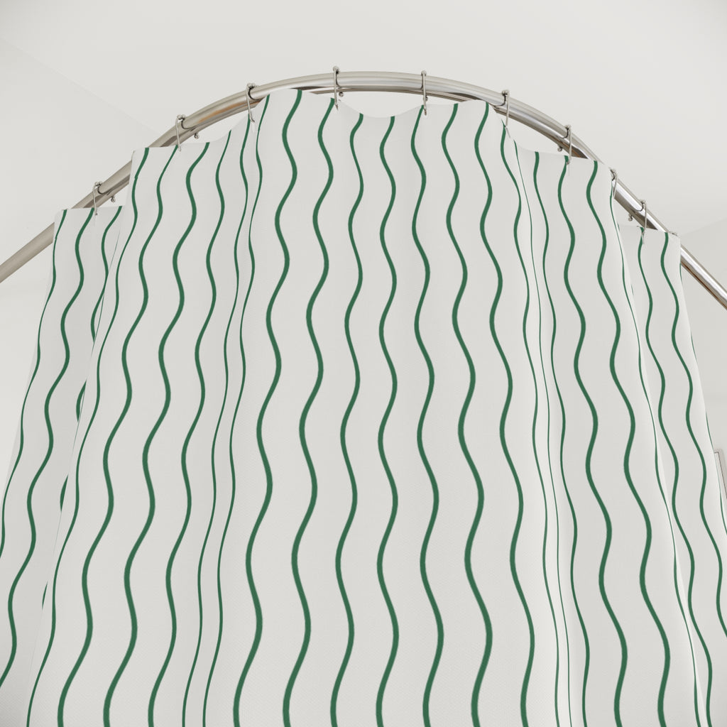 Green and White Wavy Stripe Shower Curtain