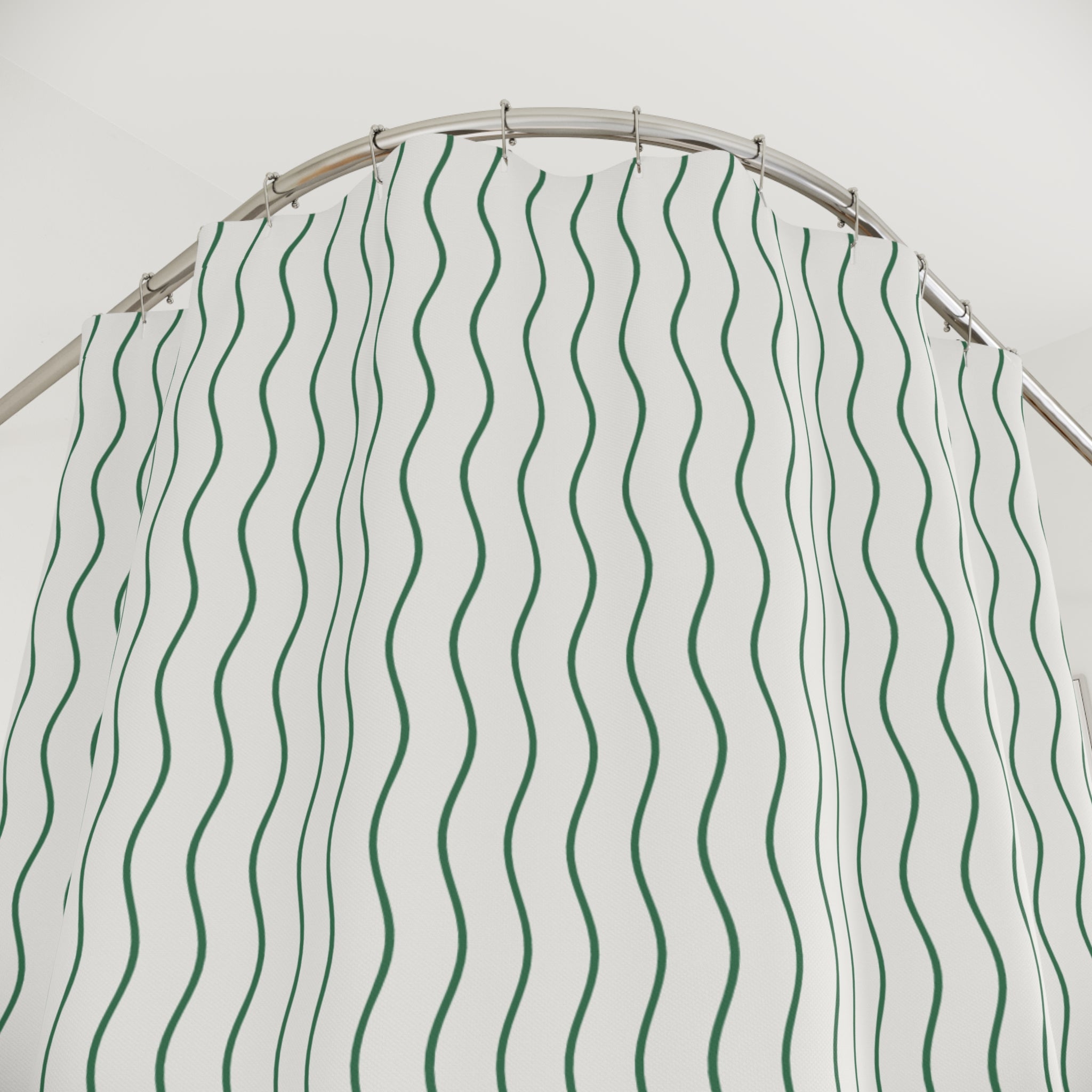 Green and White Wavy Stripe Shower Curtain
