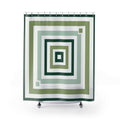 Geometric Shower Curtain, Green White Square Bath Decor, Concentric Sage Pattern, Modern Guest Bathroom Decor, Optical Green Style