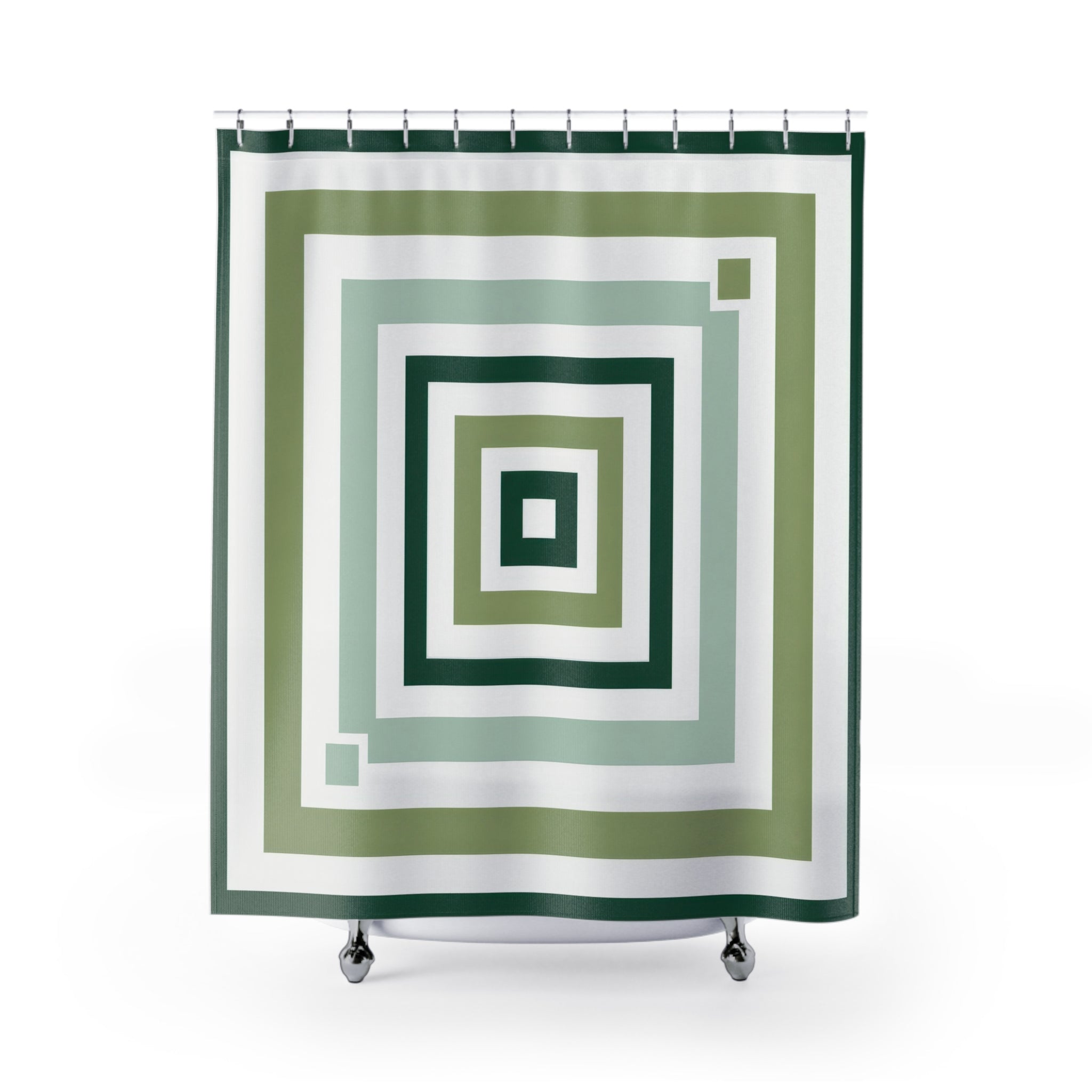 Geometric Shower Curtain, Green White Square Bath Decor, Concentric Sage Pattern, Modern Guest Bathroom Decor, Optical Green Style