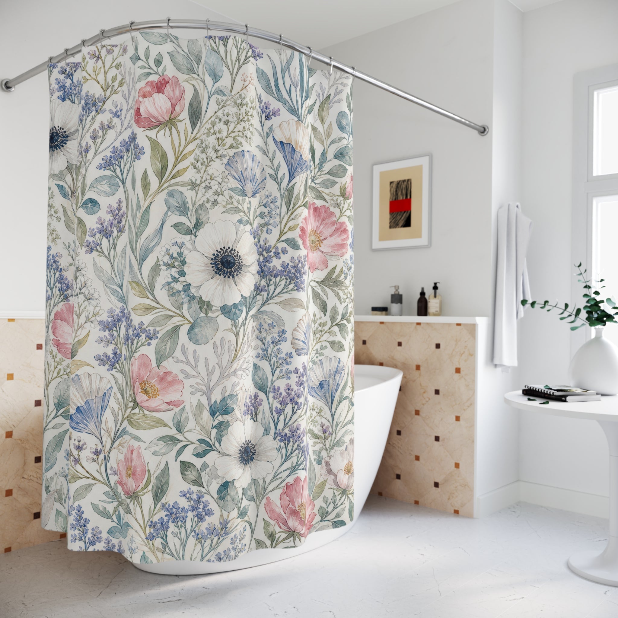 Pink Blue Meadow Flowers Shower Curtain