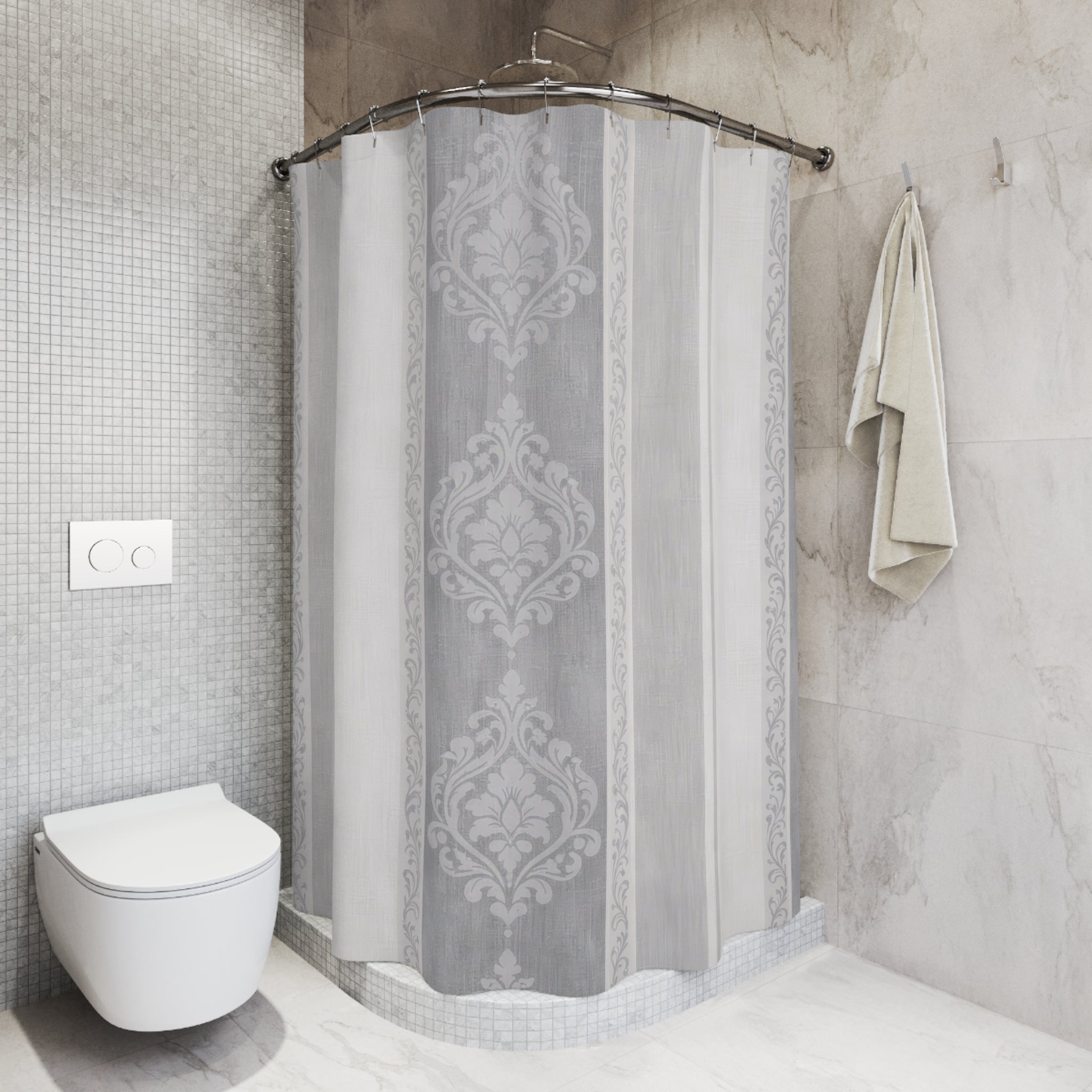 Elegant Damask Shower Curtain – Grey and White