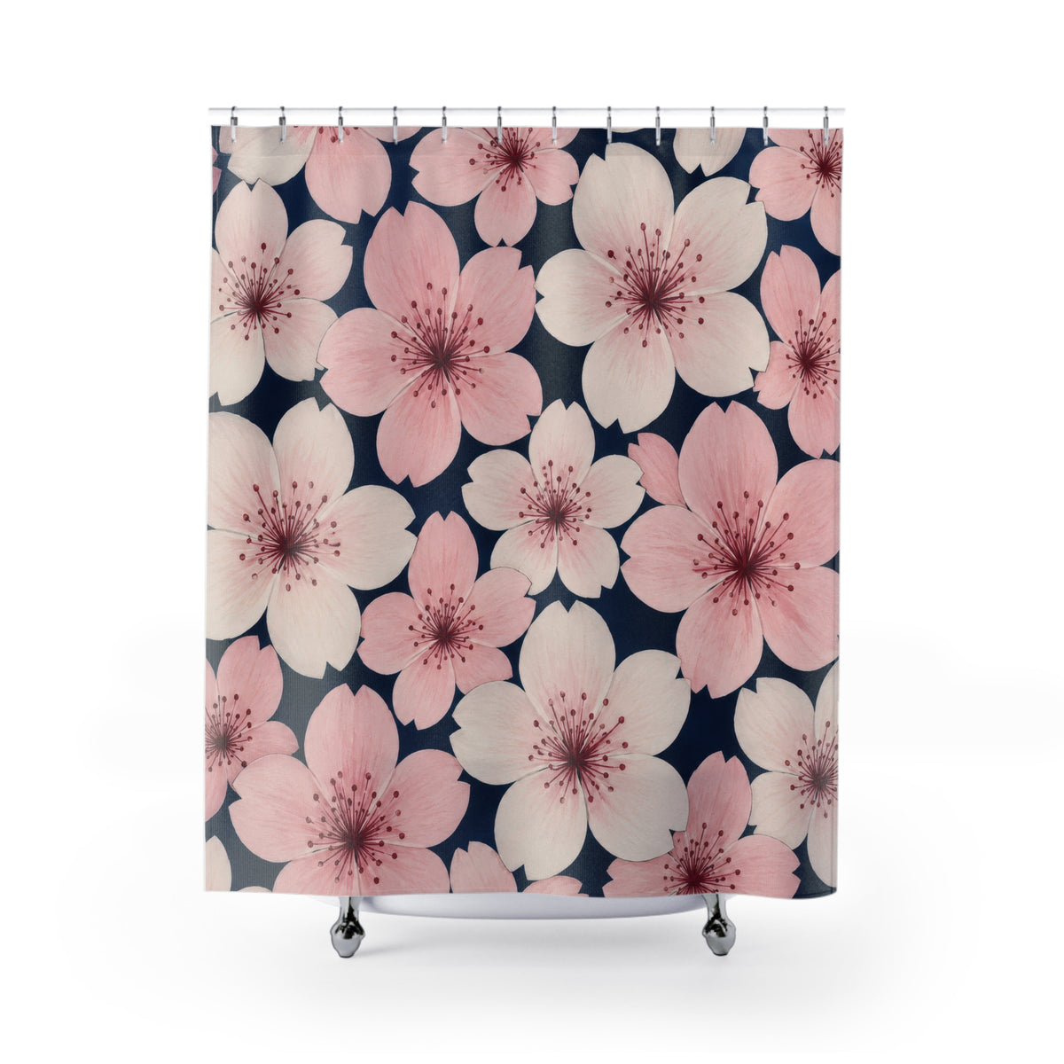 Pink and ivory cherry blossoms on navy shower curtain with full front view
