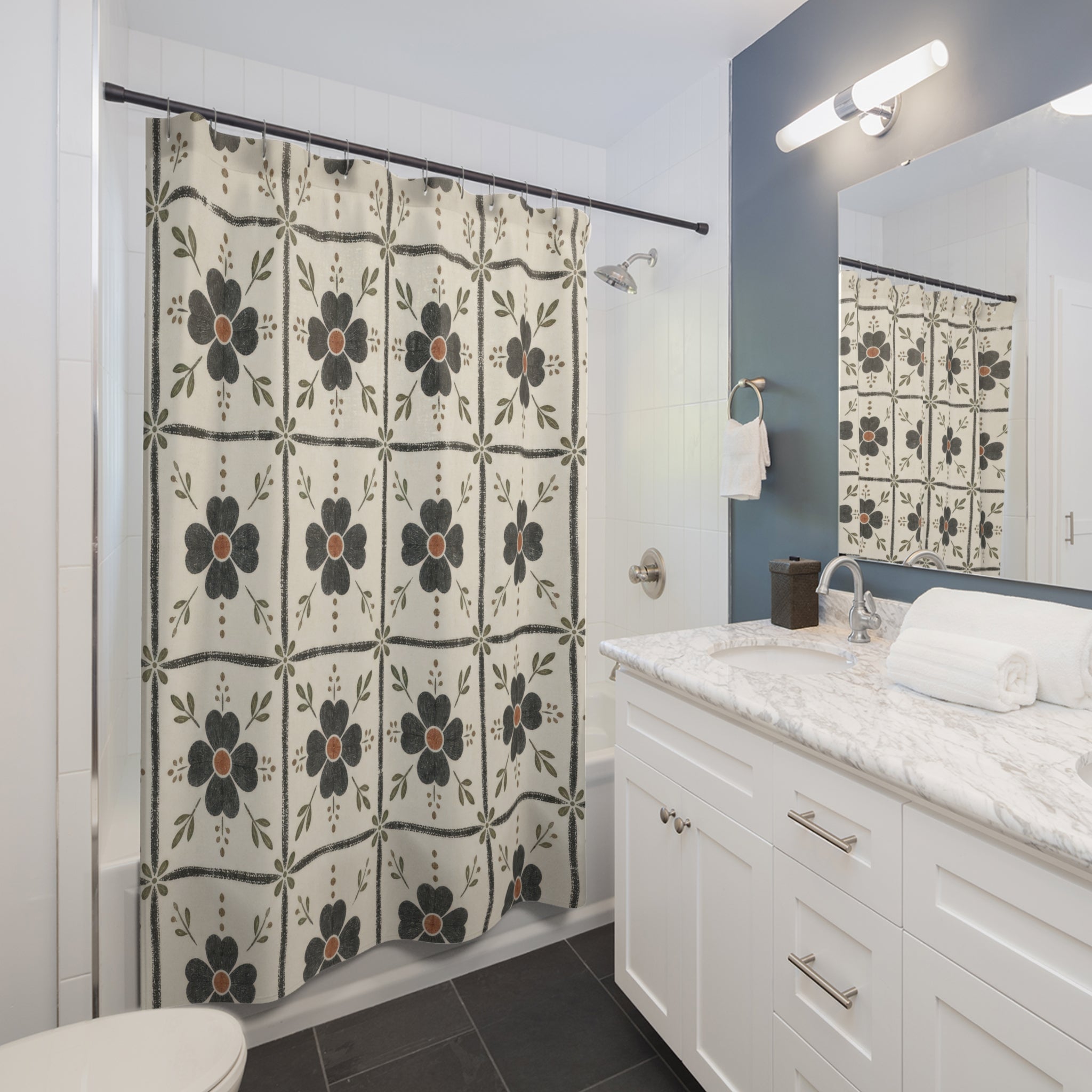 Floral Tile Grid Shower Curtain