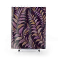 Lilac and gold-colored fern fronds on purple shower curtain with full front view