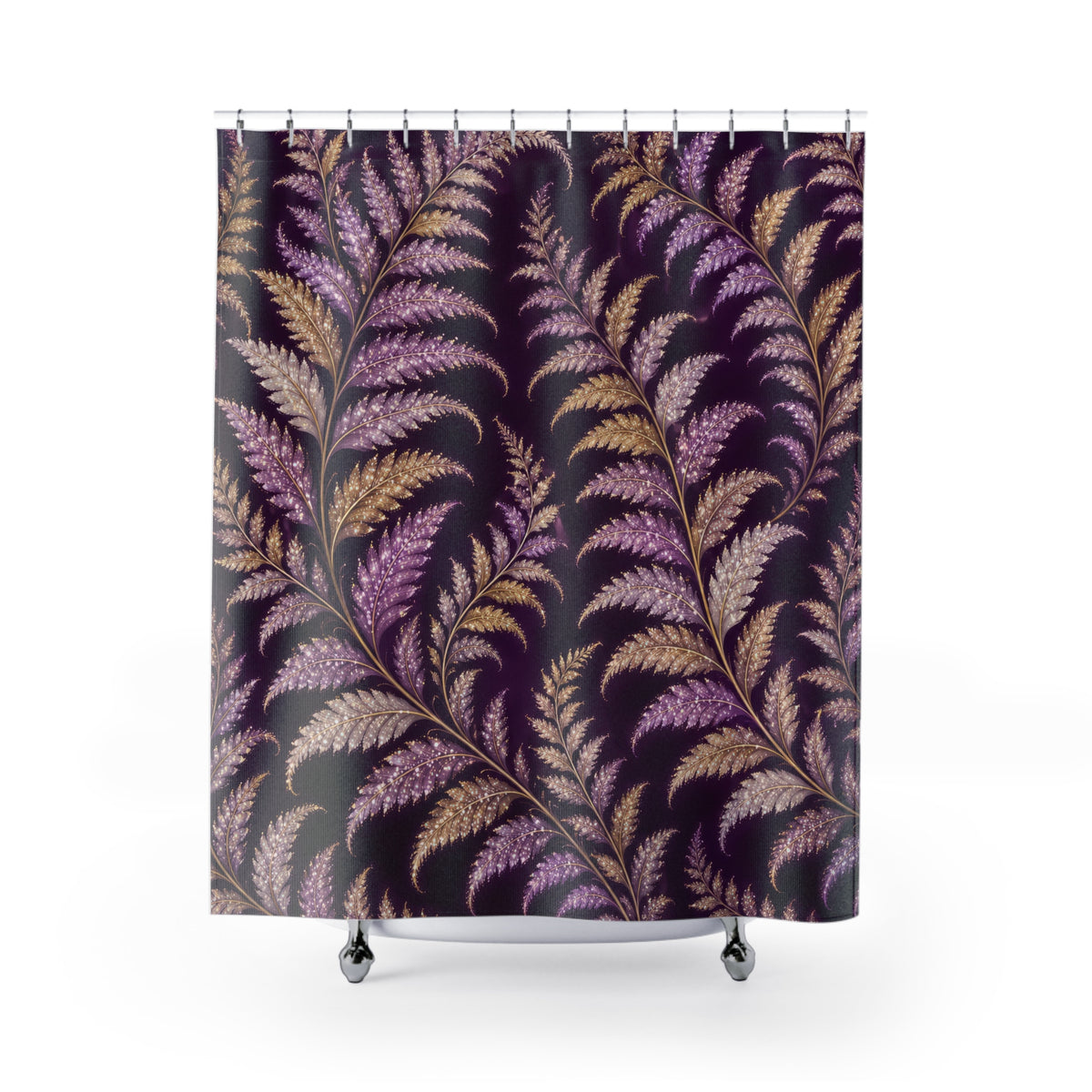 Lilac and gold-colored fern fronds on purple shower curtain with full front view
