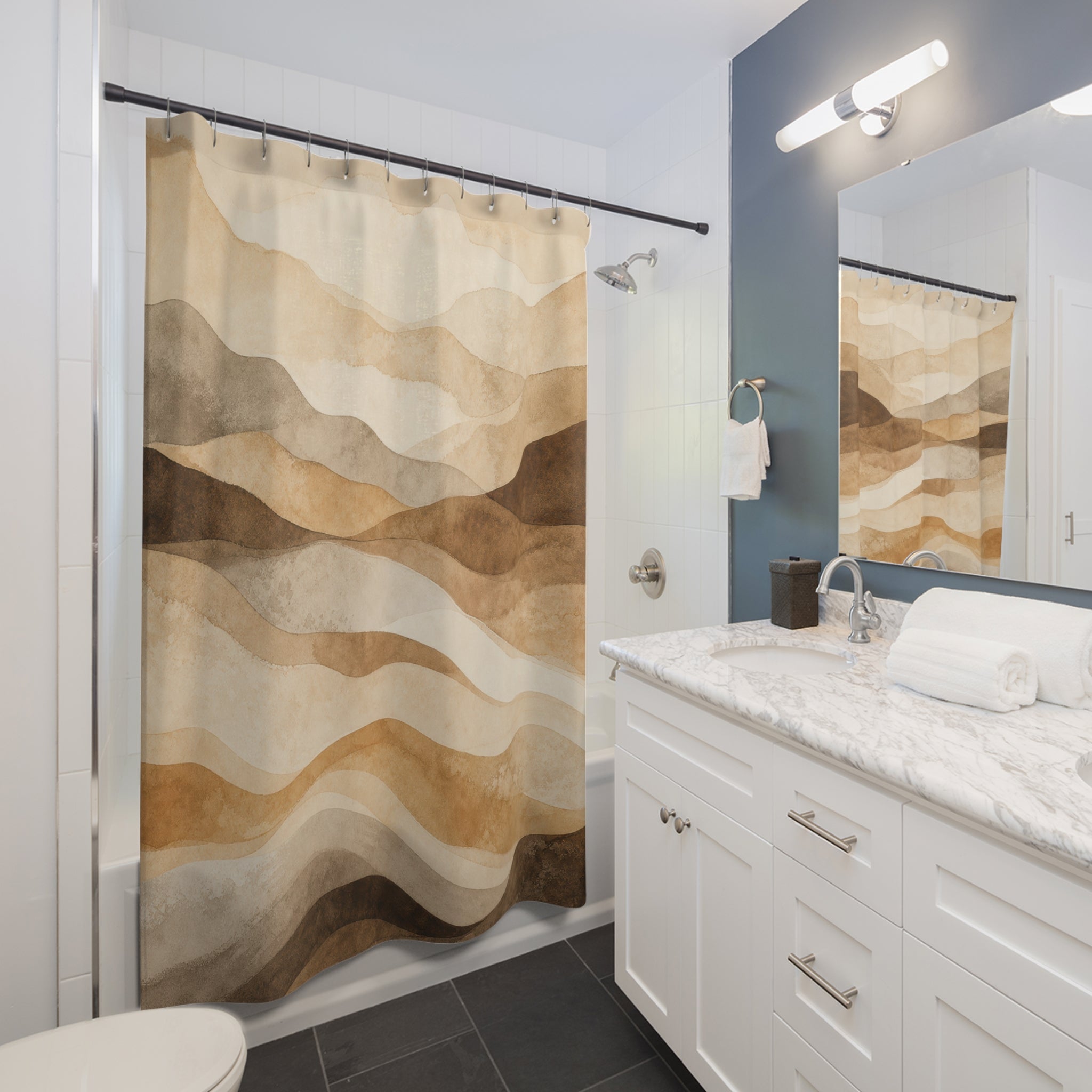 Brown Beige Layered Wave Shower Curtain