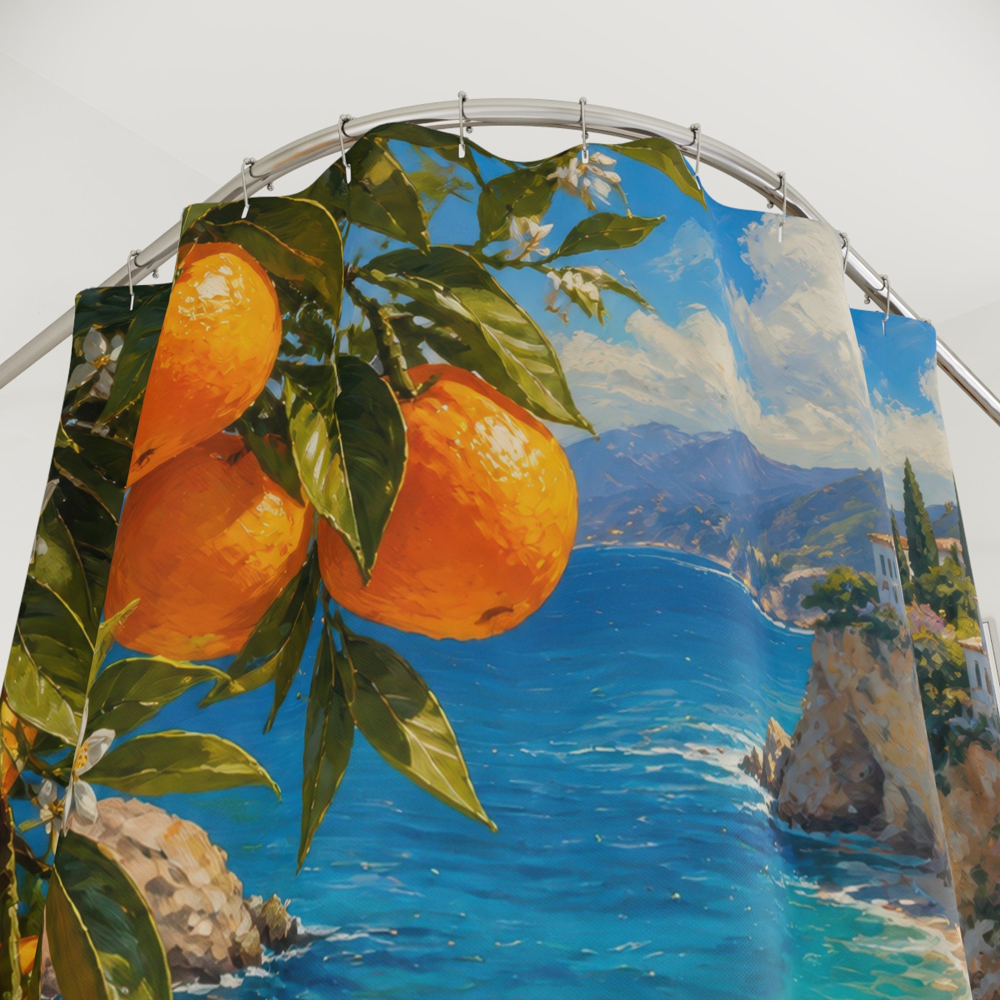 Close-up of Oranges framing a sunlit Mediterranean beach cove shower curtain with hooks and folds