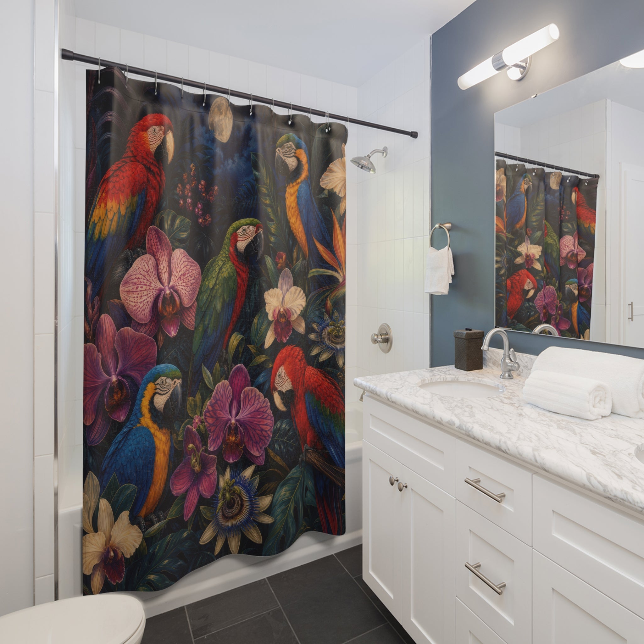 Midnight Macaw Orchid Garden Shower Curtain