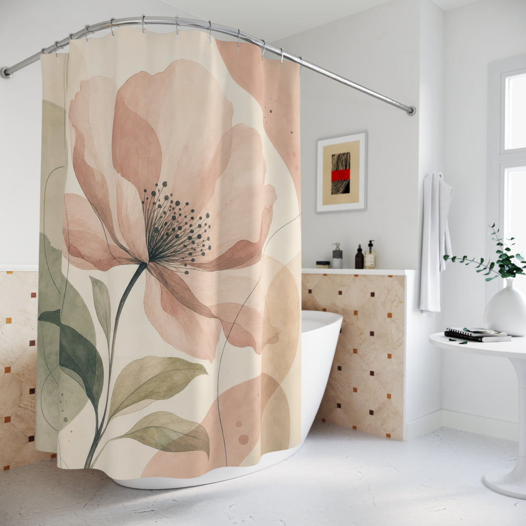 Peach Watercolor Floral Aesthetic Shower Curtain
