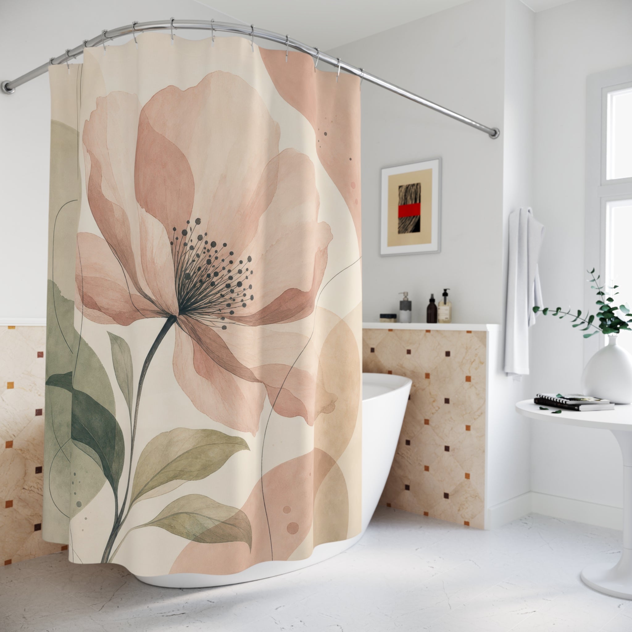 Peach Watercolor Floral Aesthetic Shower Curtain