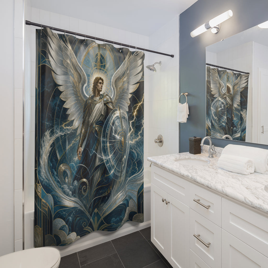 Archangel Michael Shower Curtain, Storm Guardian Angel Art, Silver Wing Celestial Decor, Blue Grey Spiritual Bathroom Accent, Art Deco Bath