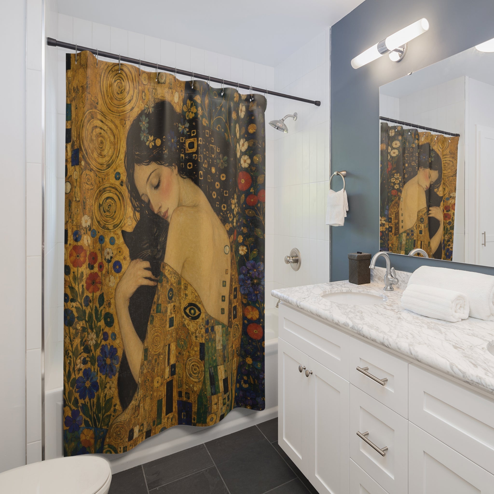 Klimt Inspired Black Cat Shower Curtain: Gold Nouveau