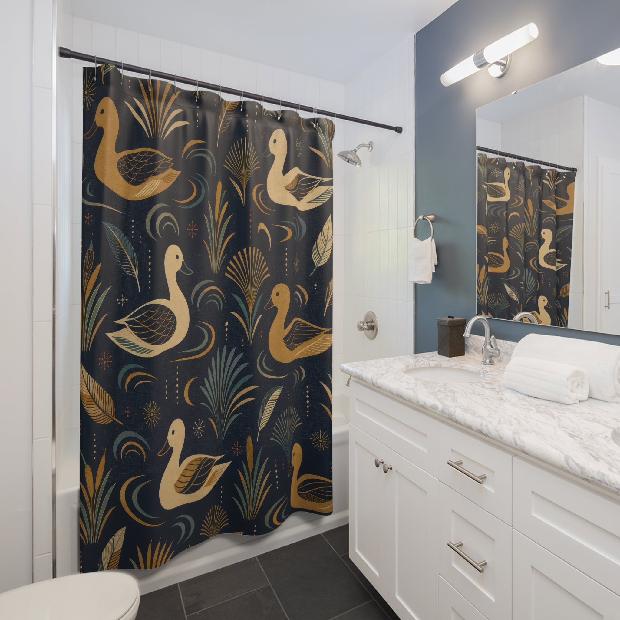 Navy Gold Duck Fan Shower Curtain