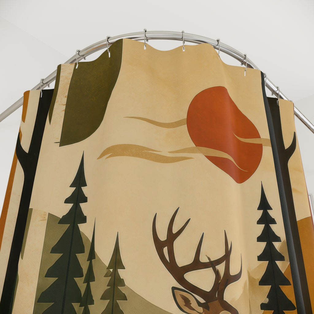 Mid century buck in a warm graphic woodland shower curtain with close-up print, hooks, and folds
