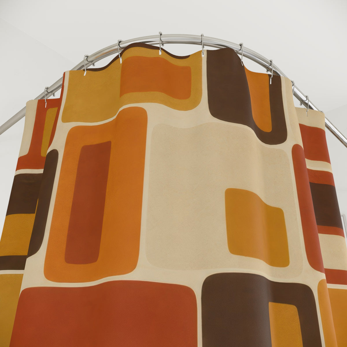 Orange, amber and brown nested rectangles with cream spaces shower curtain with close-up print, hooks, and folds