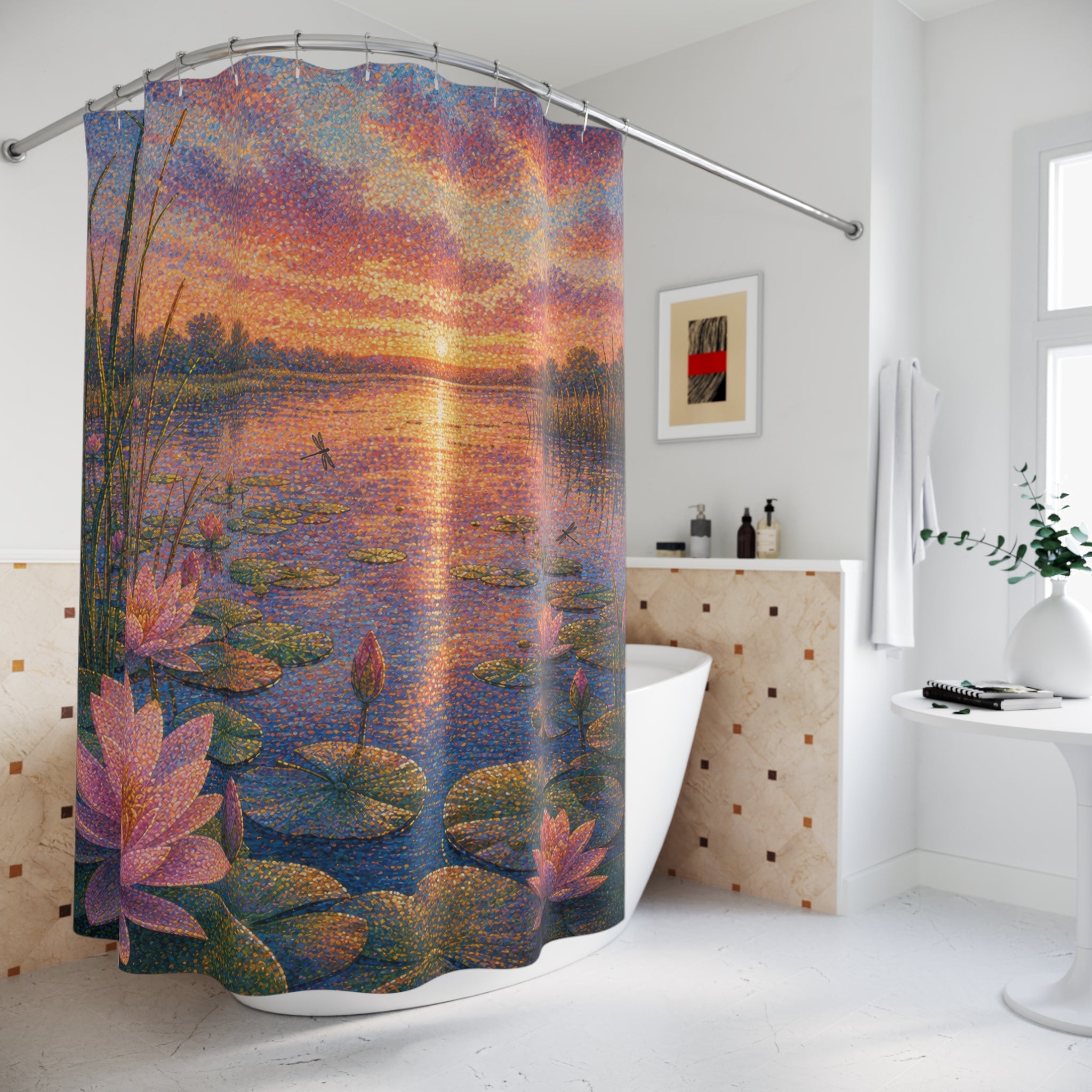 Pointillist Lotus Pond Sunset Shower Curtain