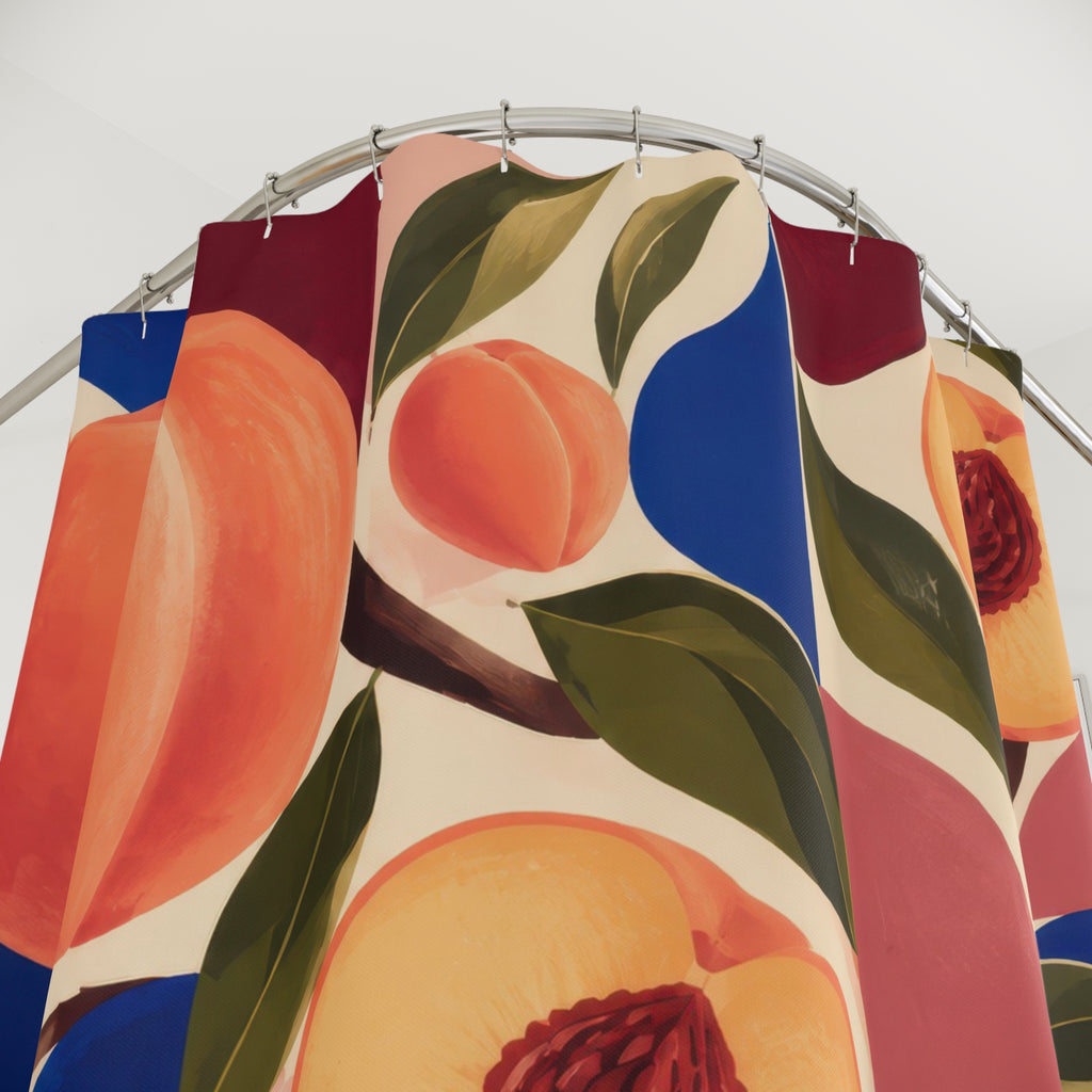 Peaches with cobalt and burgundy geometric arcs shower curtain with close-up print, hooks, and folds