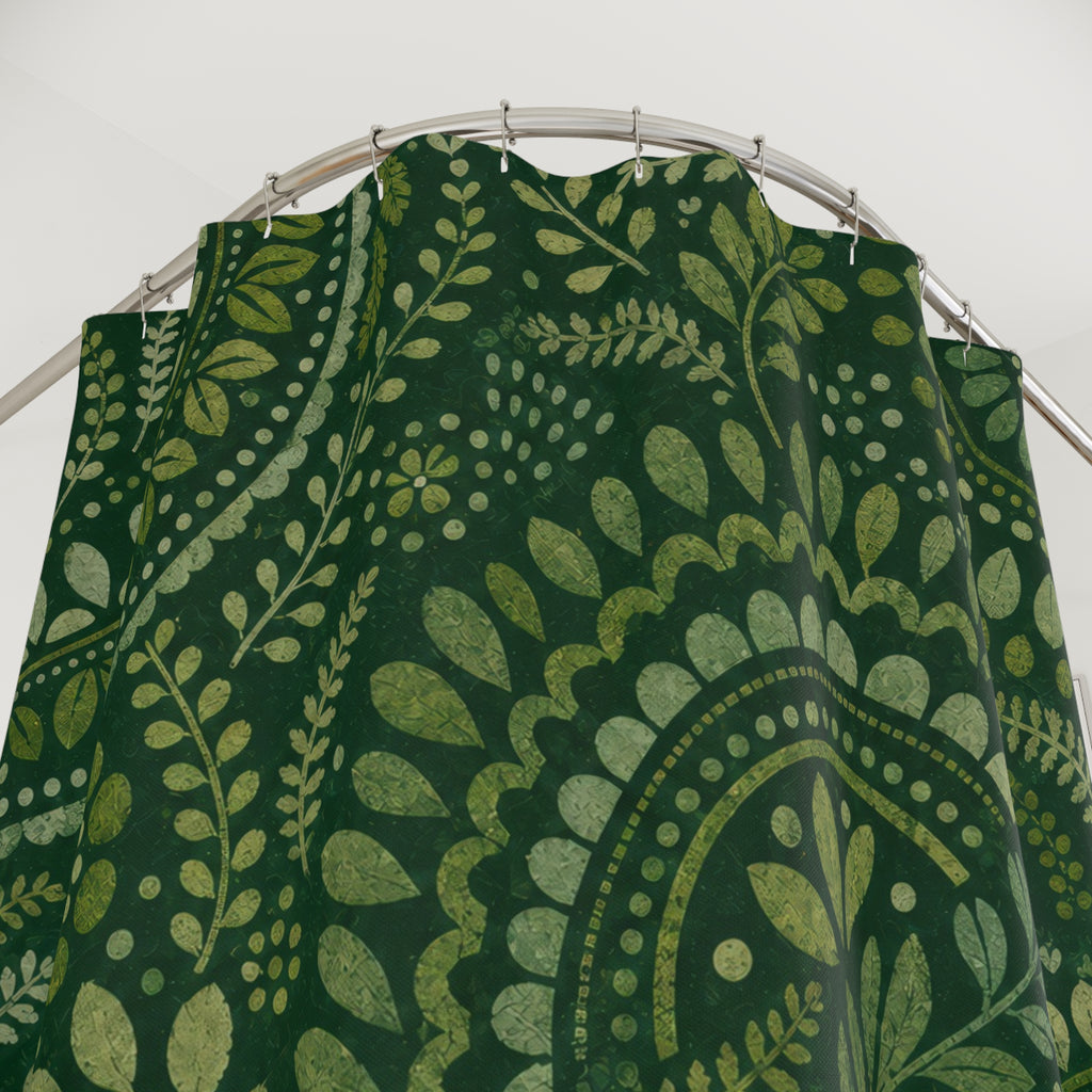 Green Paisley Shower Curtain, Boho Bath Decor, Mandala Vine Pattern, Forest Green Guest Bathroom Decor, Bohemian Style