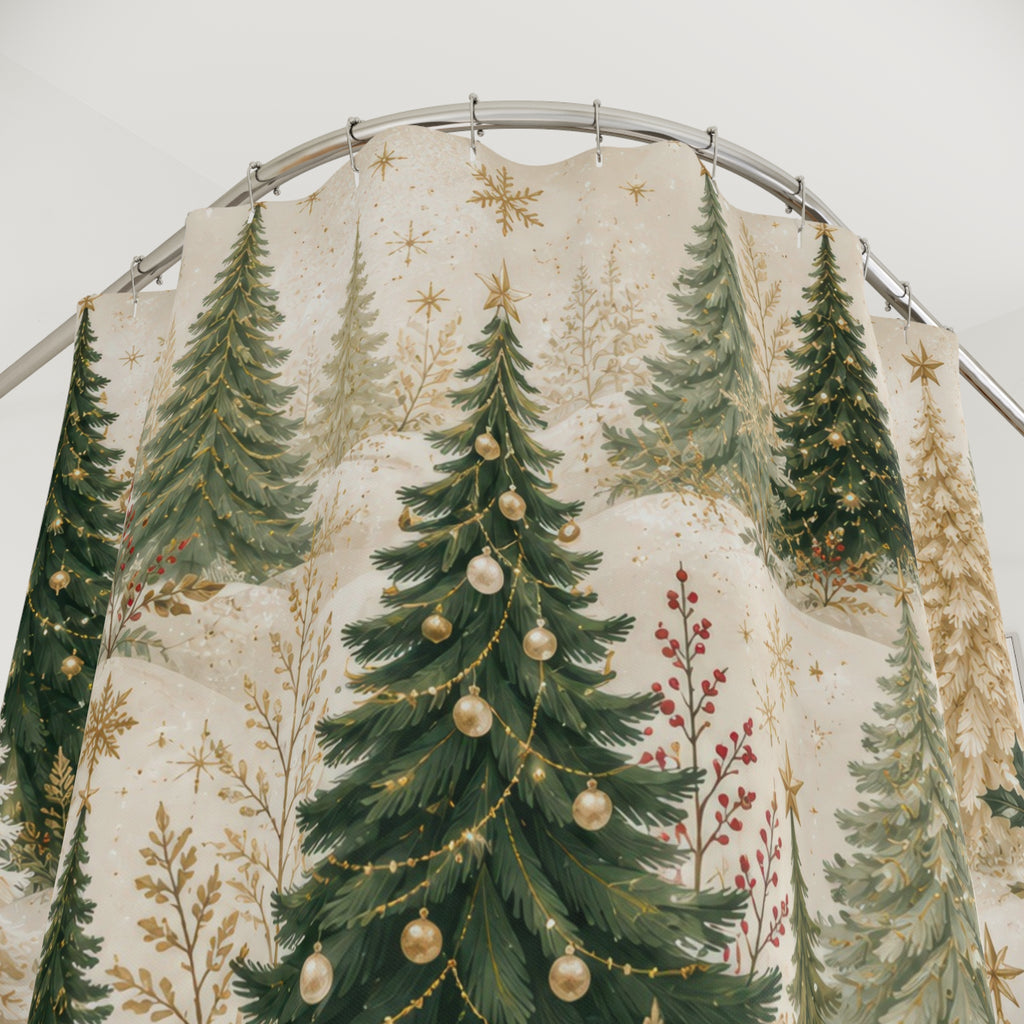 Christmas Tree Shower Curtain: Green Gold Winter Woodland