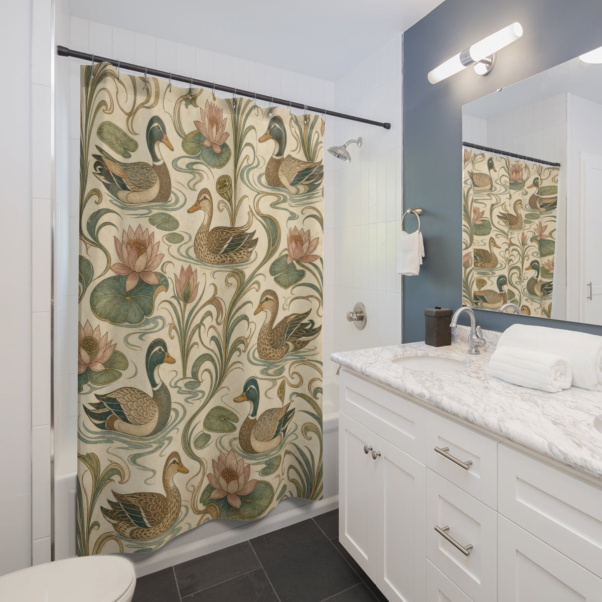 Vintage Mallard Lily Pad duck shower curtain beside a white vanity