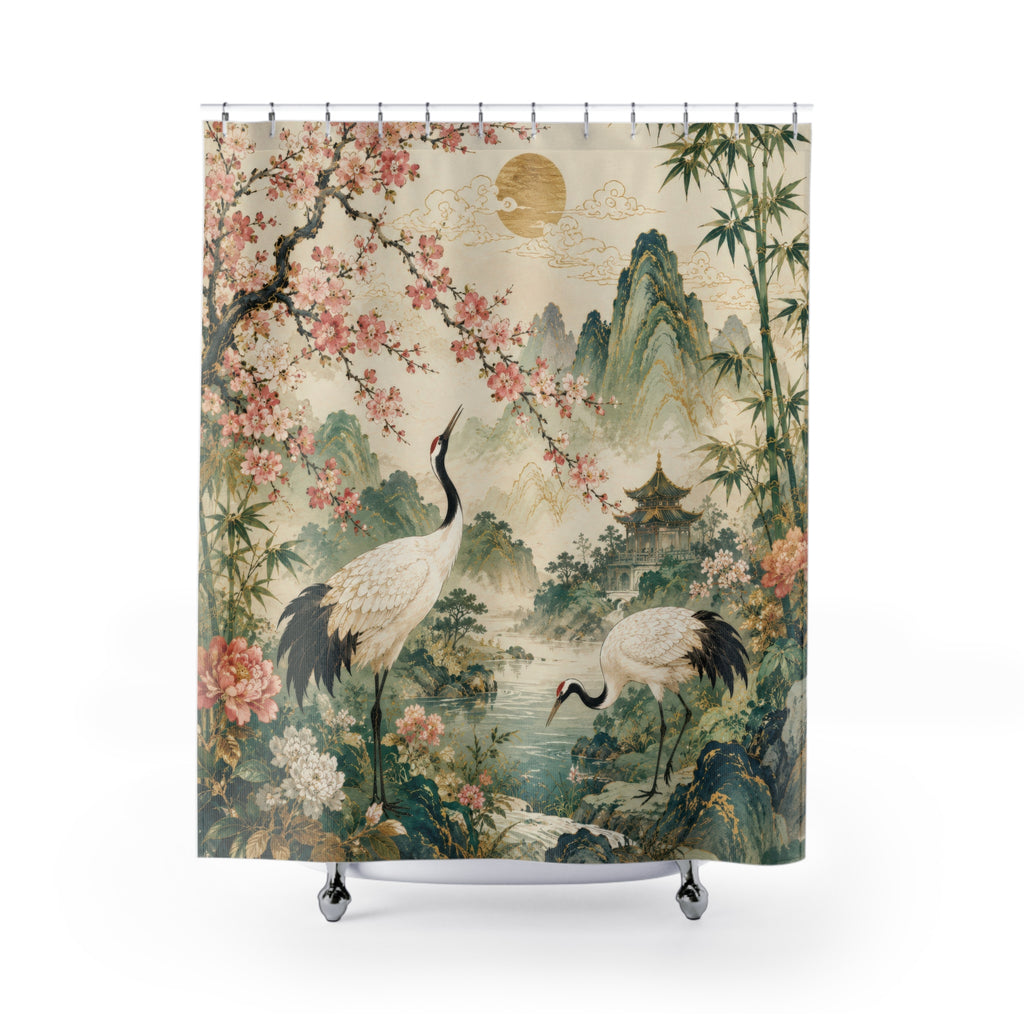 Japanese Shower Curtain: Asian Crane Garden