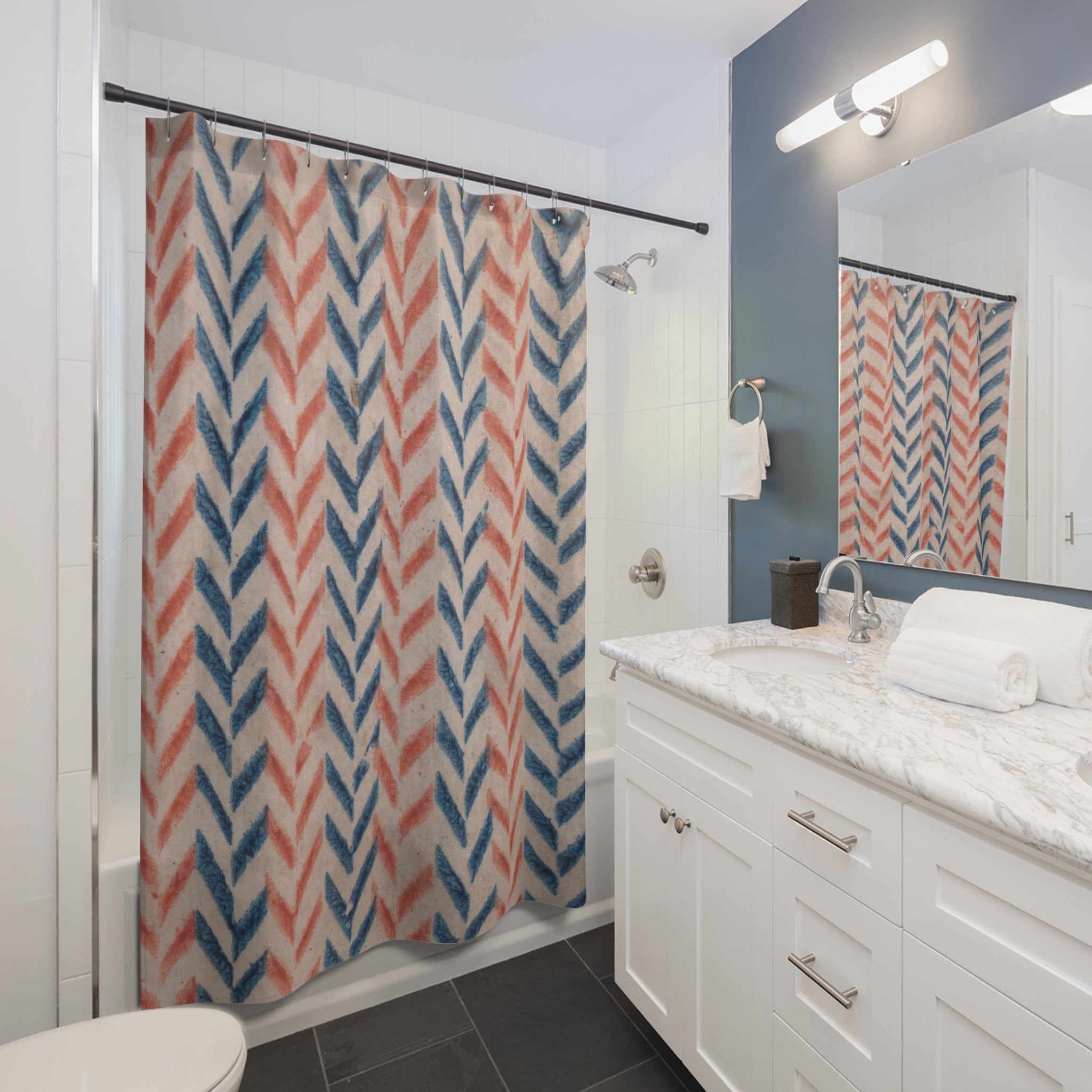 Orange & Blue Chevron Shower Curtain – Vintage Print