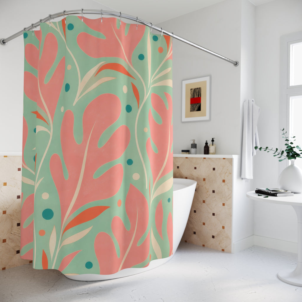 Retro Shower Curtain, Coral Mint Leaf Pattern, Tropical Botanical Bathroom Decor, Fresh Guest Bath Wall Gift For Home Spa Refresh Style