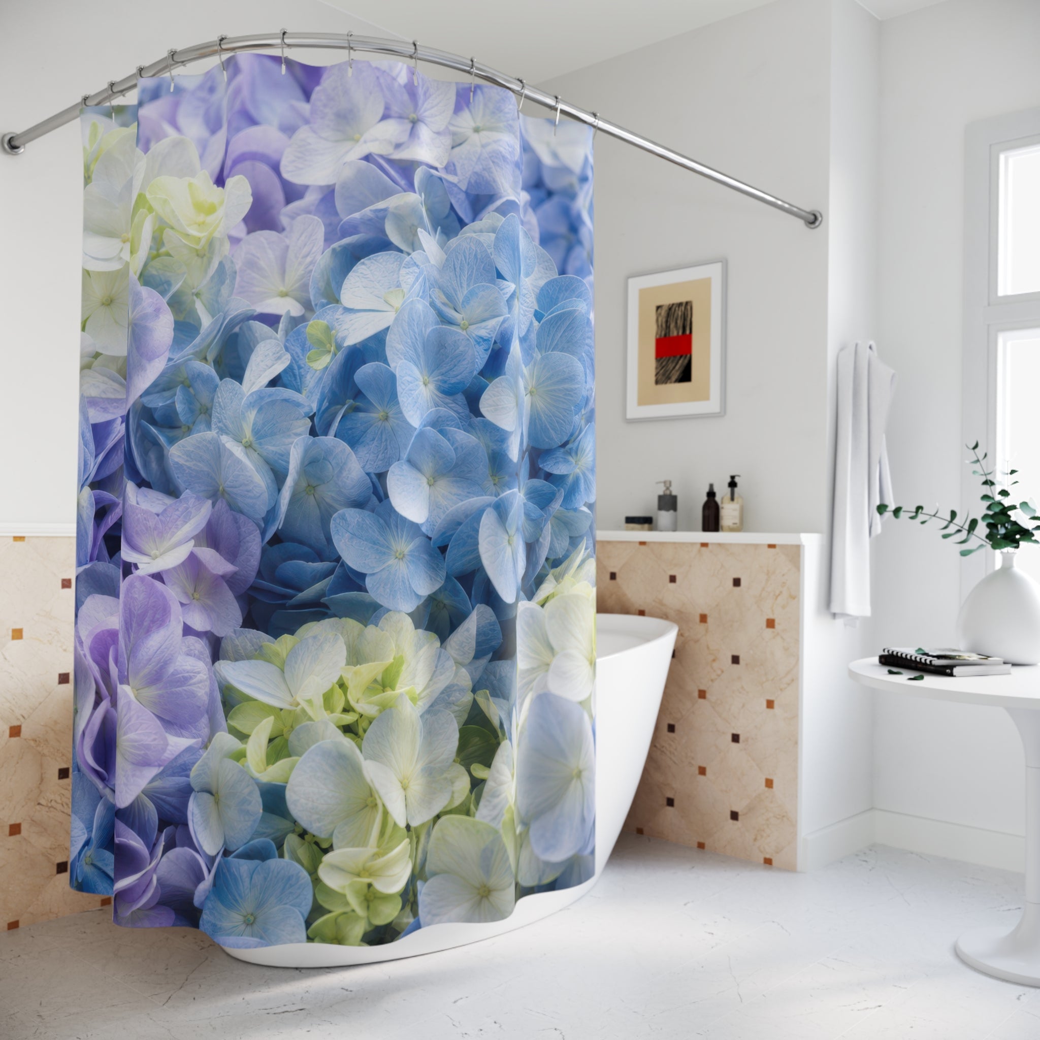 Blue Flower Shower Curtain, Hydrangea Floral Bath Decor, Soft Botanical Pattern, Garden Guest Bathroom Decor, Pastel Bloom Style Decor