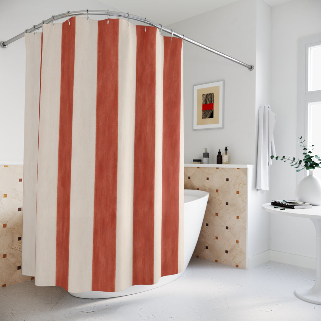 Red and White Painterly Stripe Shower Curtain