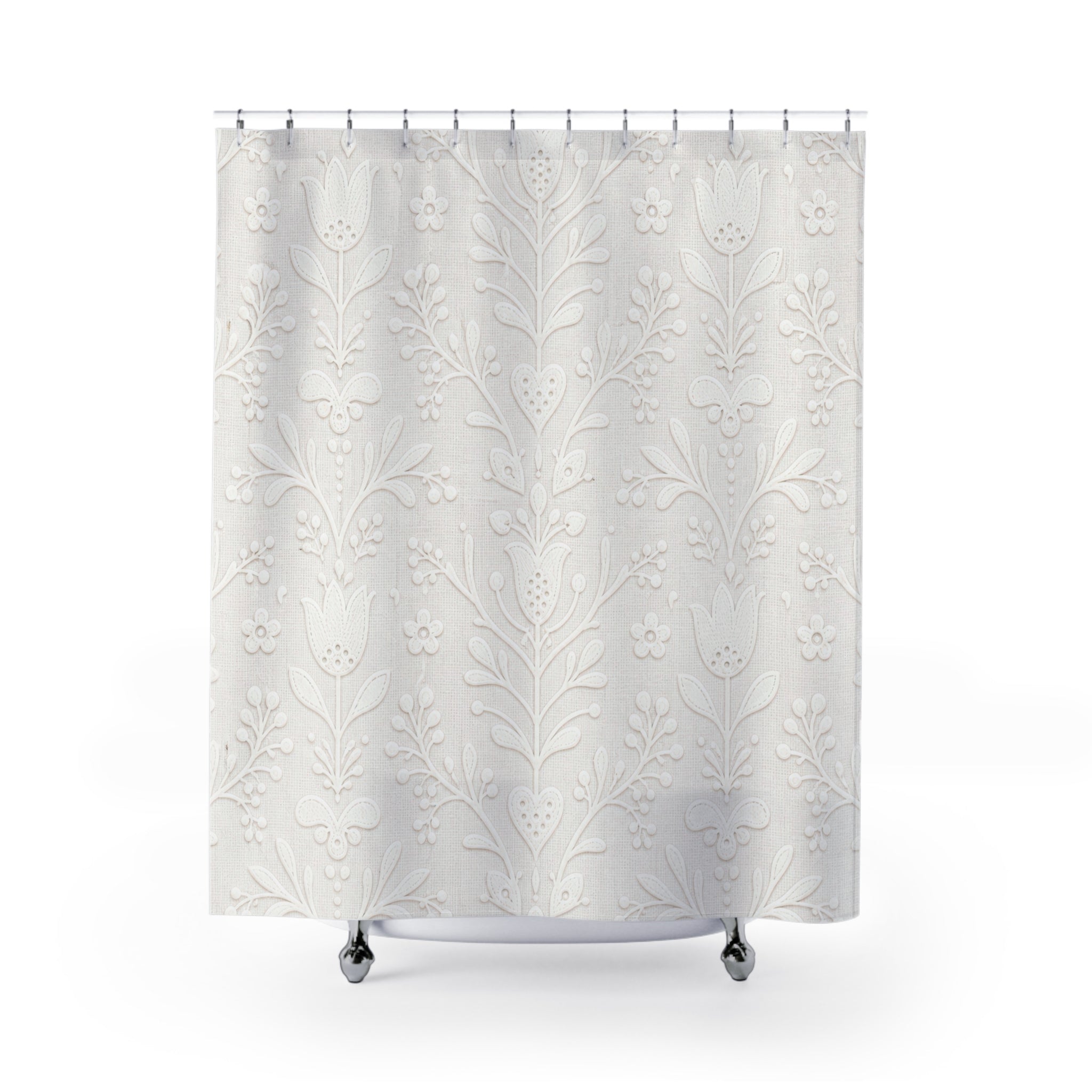 White Scandinavian Folk Floral Shower Curtain
