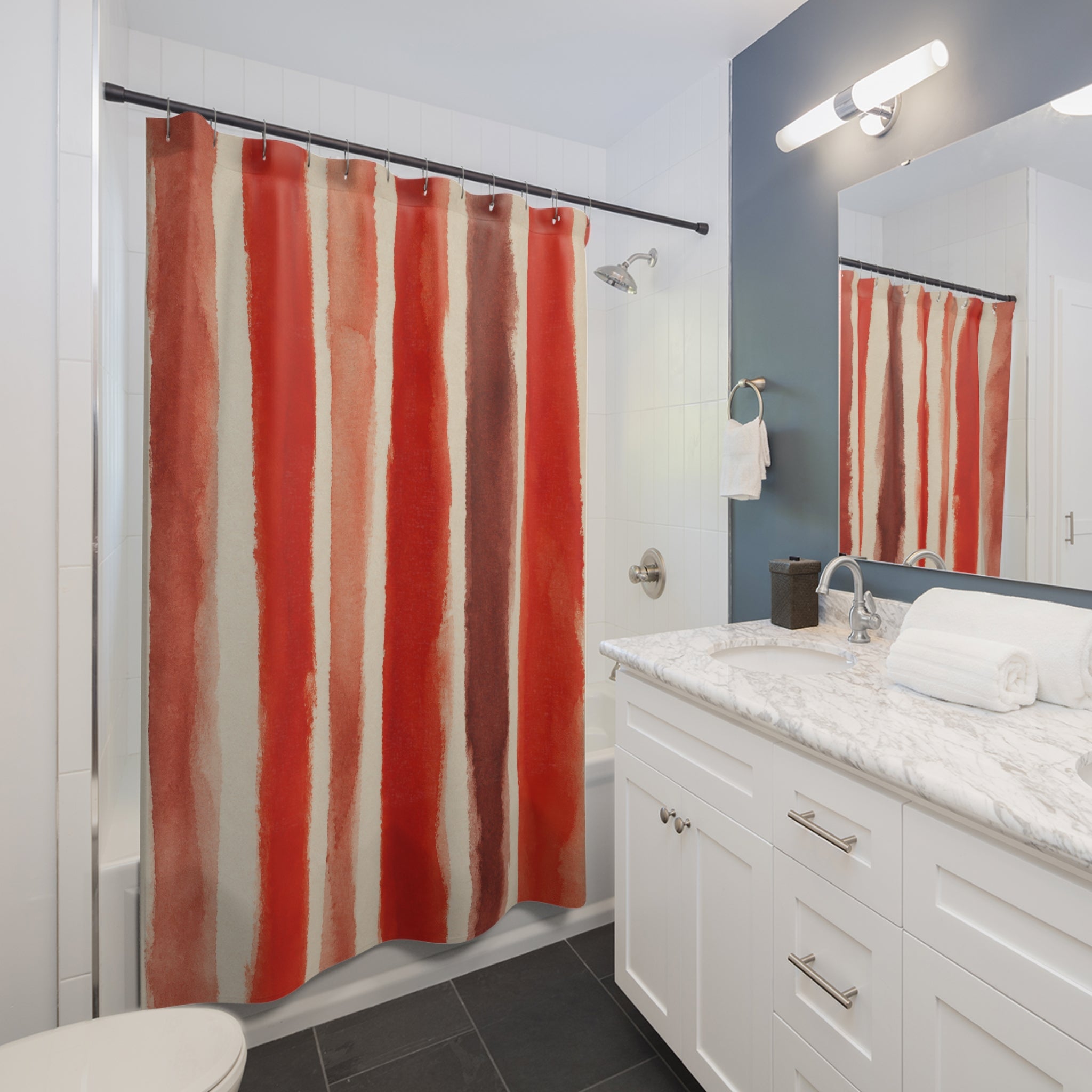 Rice Paper Red Stripe Shower Curtain, Red Rust Classic Bathroom Decor, Modern Stripe Bath Curtain, Guest Bath Decor, Small Bathroom Decor