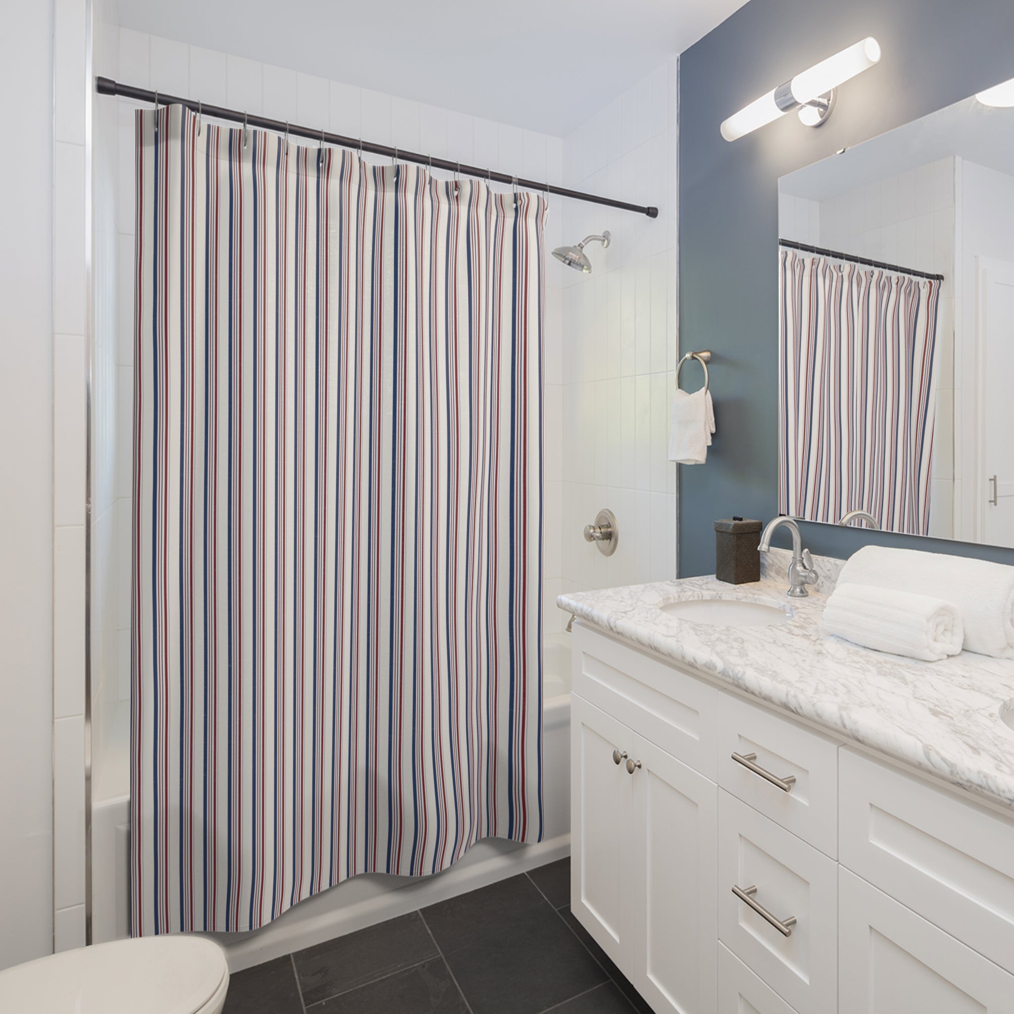 French Country Stripe Shower Curtain – Blue and Red