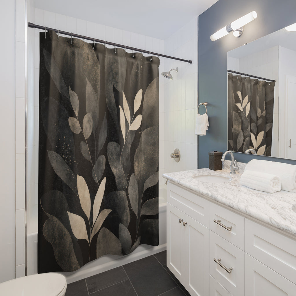 Black Botanical Shower Curtain, Charcoal Leaf Bath Decor, Cream Gray Painted Branch Pattern, Moody Floral Bathroom Decor, Modern Garden