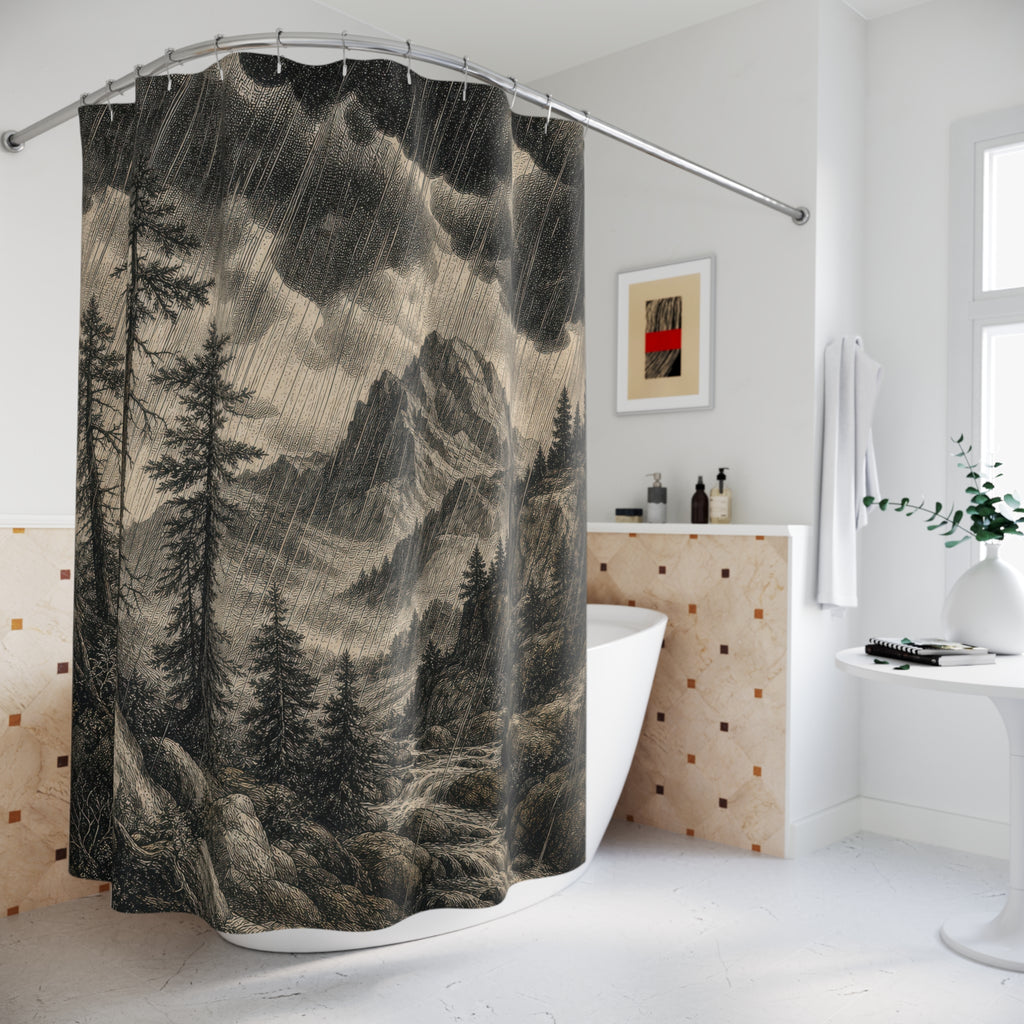 Black White Mountain Engraving Print Shower Curtain