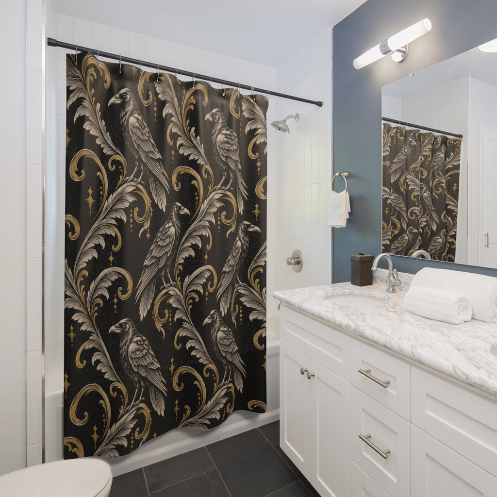 Ivory raven linework and gold-tone scrolls on black shower curtain beside a white vanity