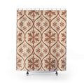 Cinnamon rust snowflakes in an ogee trellis on cream shower curtain with full front view