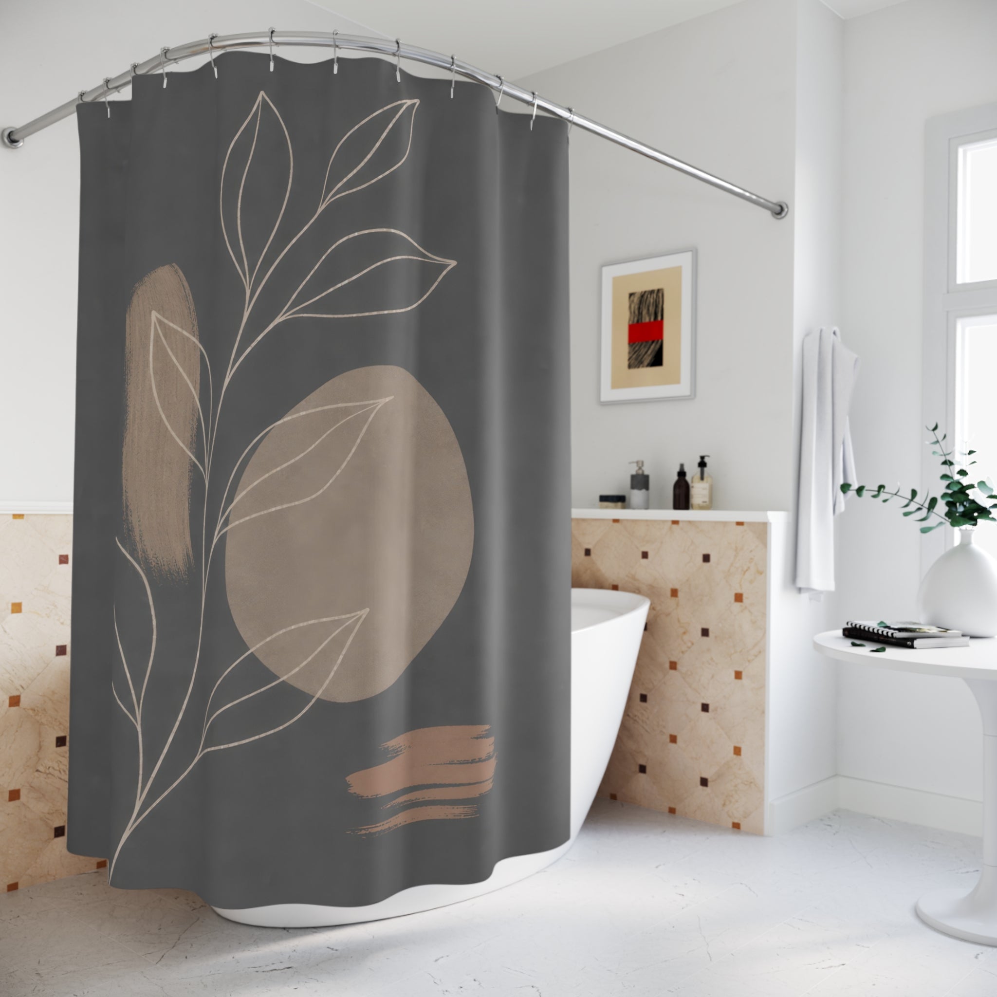 Dark Gray Leaf Line Art Shower Curtain