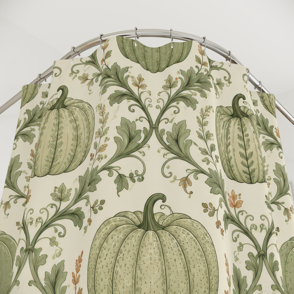 Sage green pumpkin and vine lattice shower curtain with close-up print, hooks, and folds
