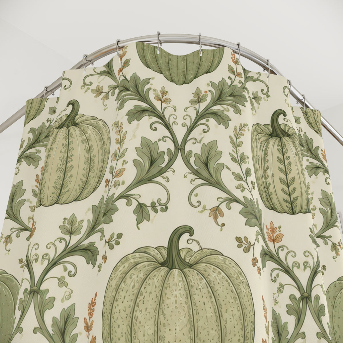 Sage green pumpkin and vine lattice shower curtain with close-up print, hooks, and folds