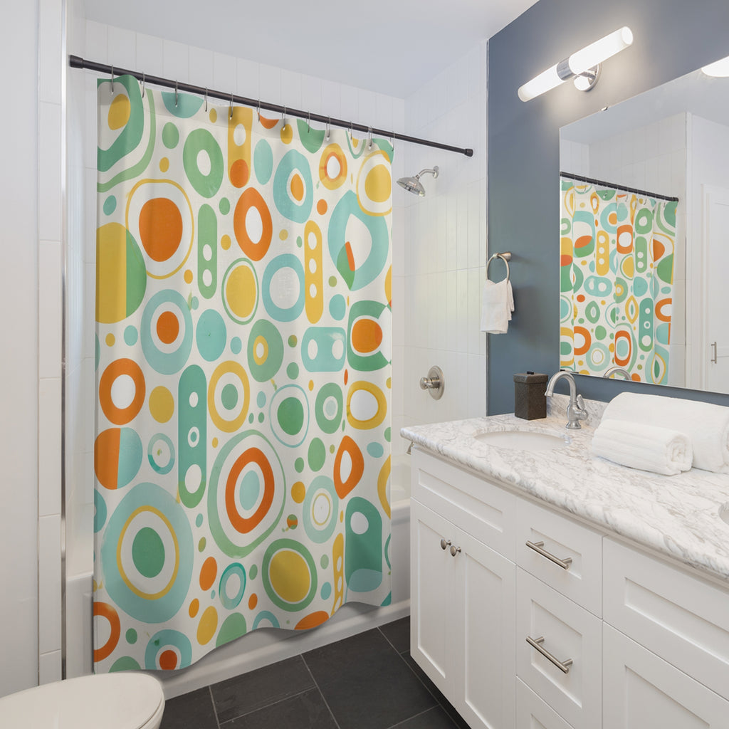 Retro Shower Curtain, Mod Circle Dot Pattern, Orange Teal 60s Bathroom Decor, Playful Mod Orange Teal Wall Decor Guest Bath Wall Gift