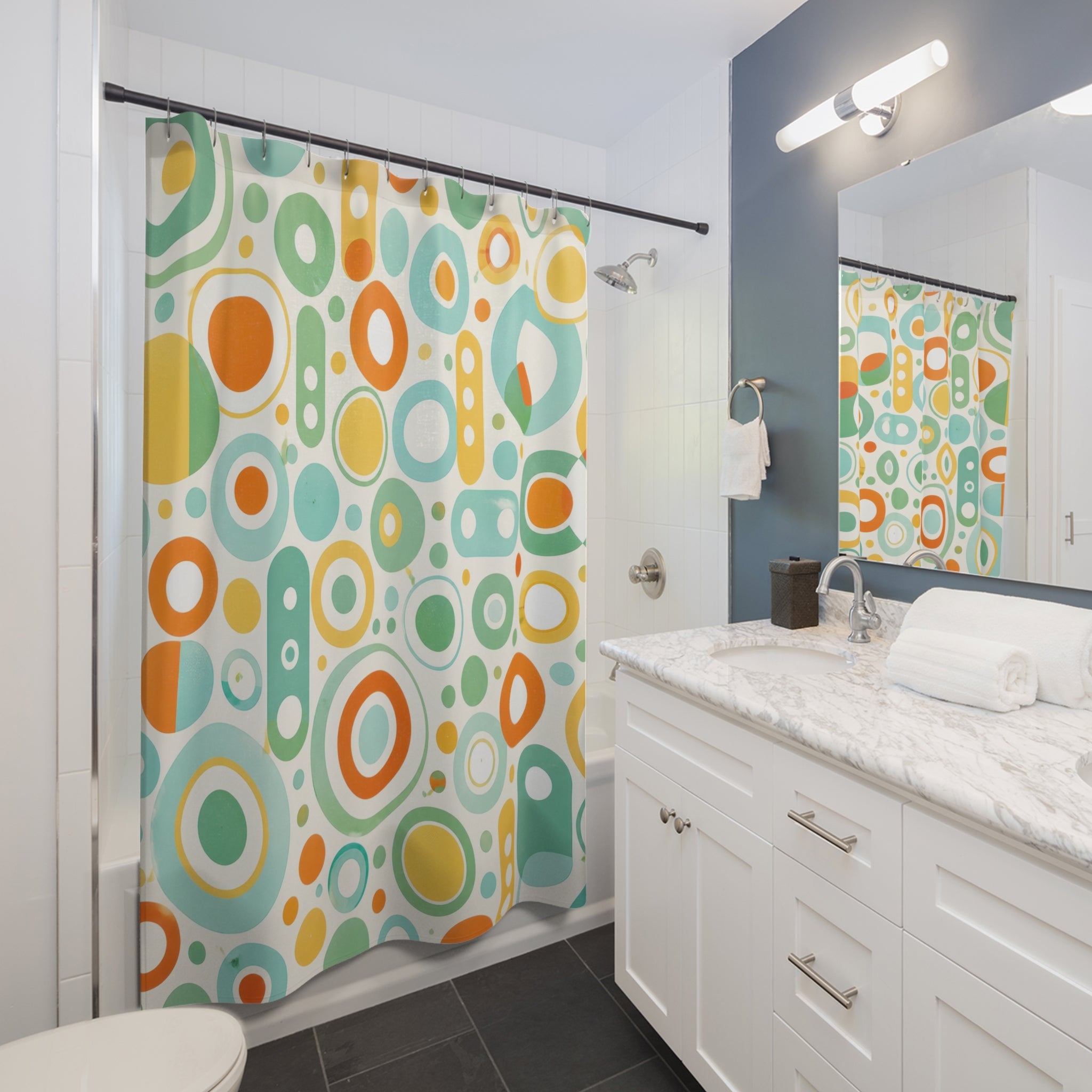 Retro Shower Curtain, Mod Circle Dot Pattern, Orange Teal 60s Bathroom Decor, Playful Mod Orange Teal Wall Decor Guest Bath Wall Gift