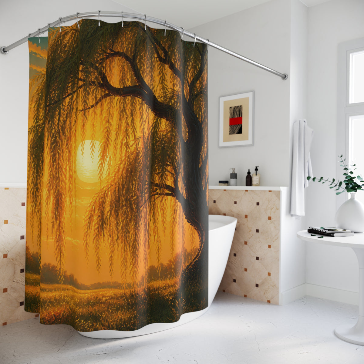 Sunlit golden weeping willow shower curtain beside a freestanding tub