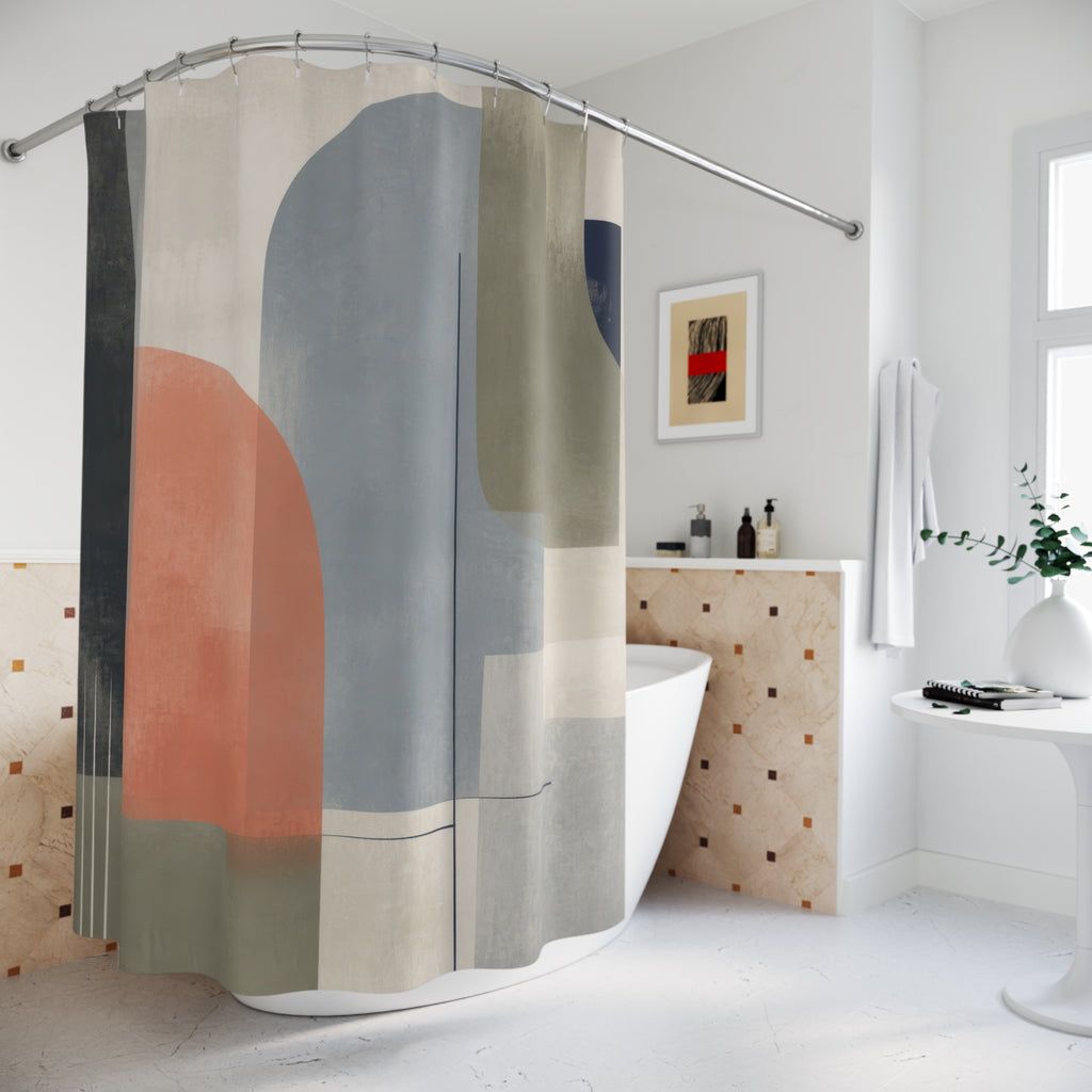 Modern Geometric Shower Curtain, Blue Sage Coral Abstract Blocks, Mid Century Arch Art, Soft Contemporary Bathroom Decor, Guest Bath Accent