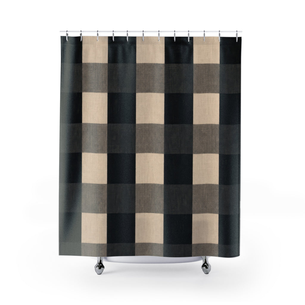 Buffalo Check Shower Curtain, Black Grey Cream Plaid Pattern, Farmhouse Bathroom Decor, Neutral Guest Bath Country Style