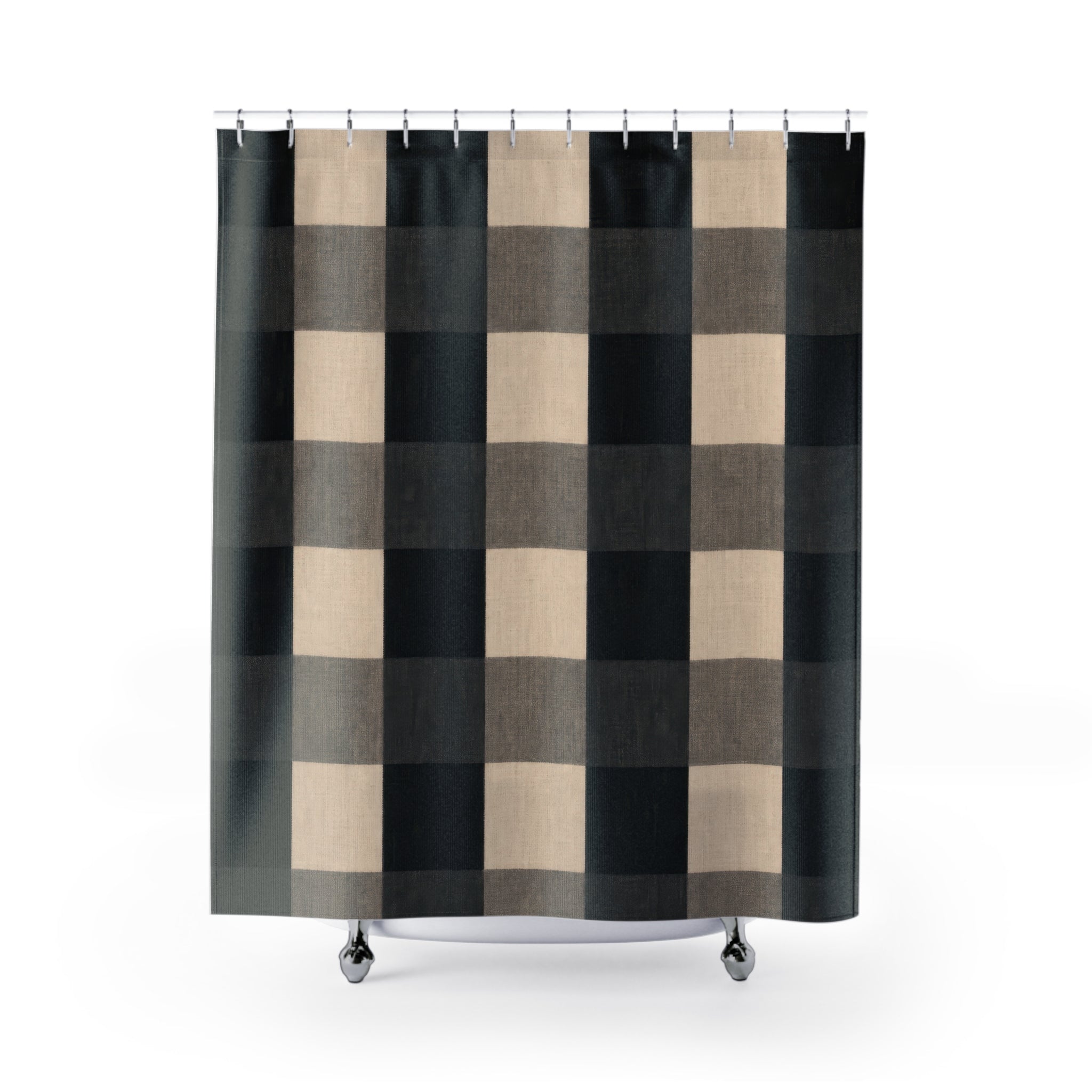 Buffalo Check Shower Curtain, Black Grey Cream Plaid Pattern, Farmhouse Bathroom Decor, Neutral Guest Bath Country Style